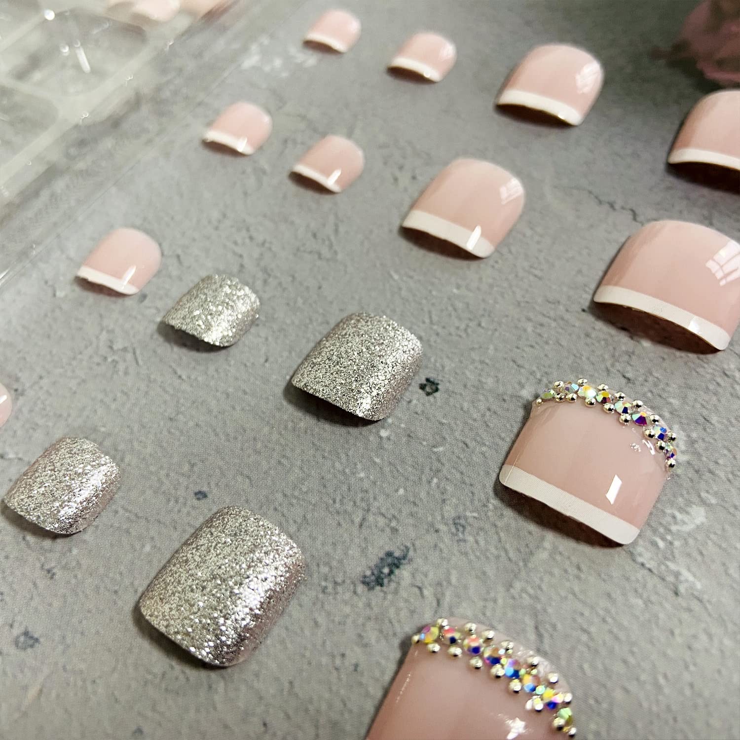 French Tips Press on Toenails,Square White Tips False Toe Nails Glitter Rhine…