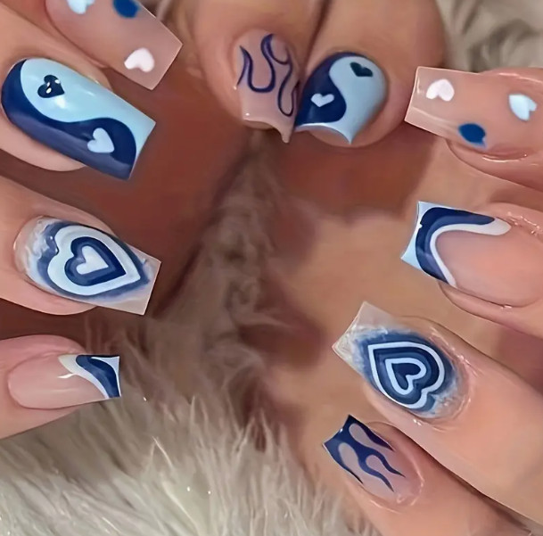 24 Pcs Press-On Nails Long Square Glossy – White & Blue w/Hearts & Flames