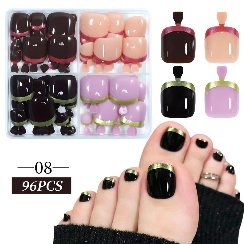 96Pcs/Box Cat’s Eye Fake Toenails French Design 4 Colors Short Square Press On