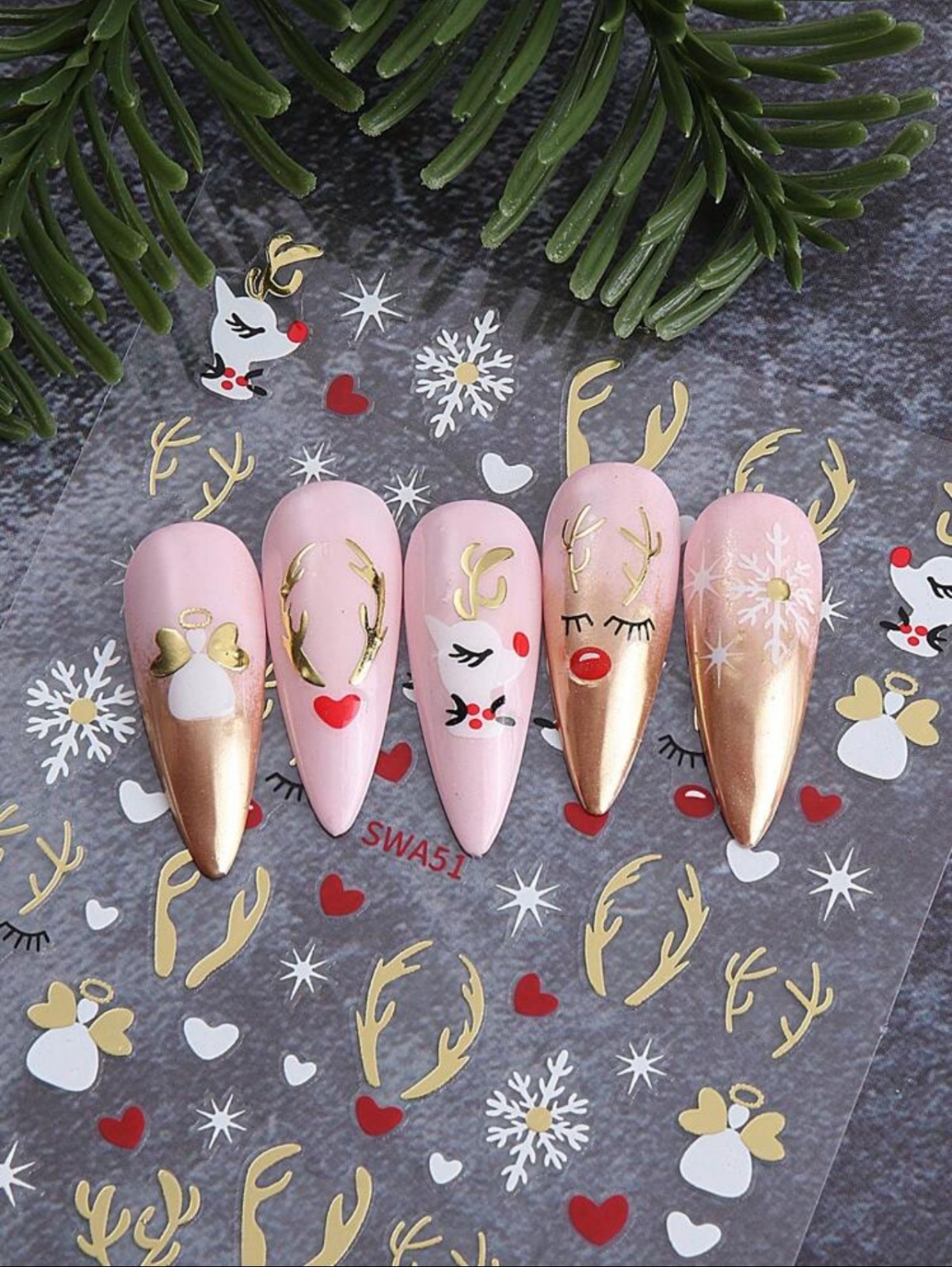 Christmas Nail Art Stickers Reindeer Antlers Snowflakes Hearts Gold Silver SWA51