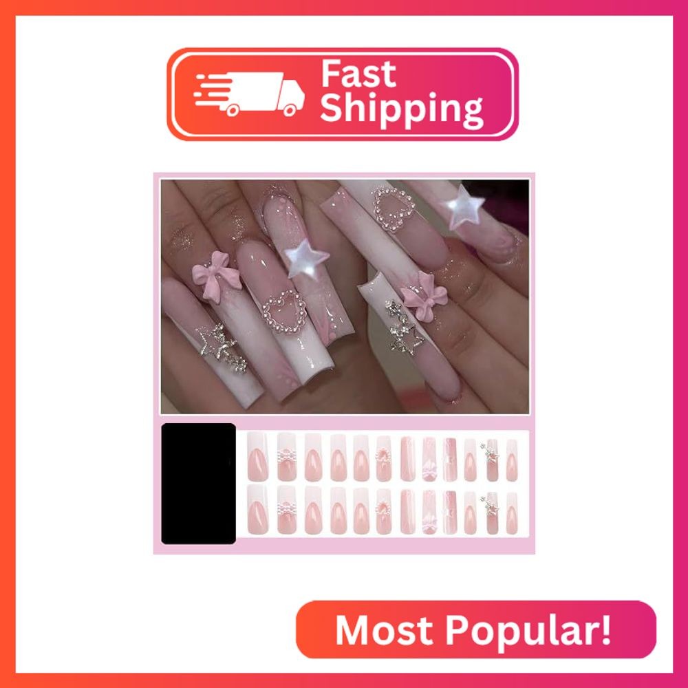 24 Pcs Long Press on Nails Coffin RIICFDD French Fake Nails with 5D Star & Bow N