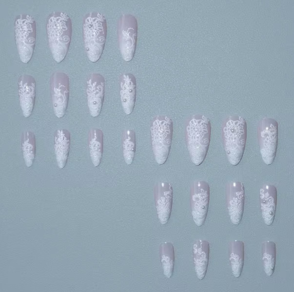 24 Pcs Press-On Nails Long Almond Glossy – Light Pink w/Embossed Lace & Beads