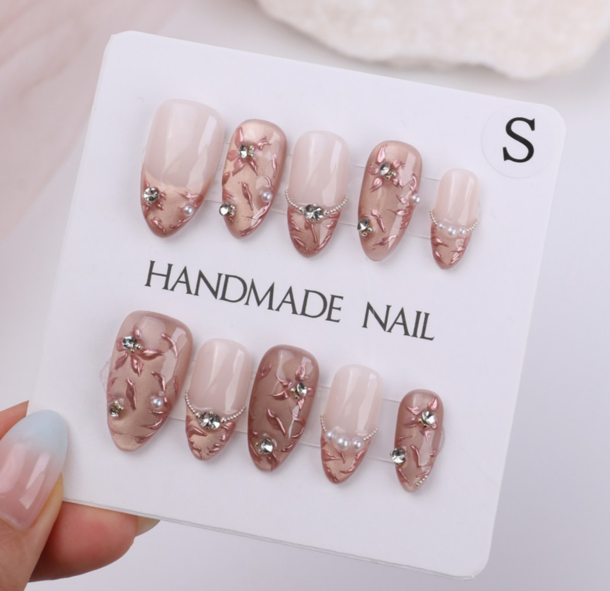 Nude Pink Watercolor Floral Press On Nails Medium Short Almond Pearl Elegant