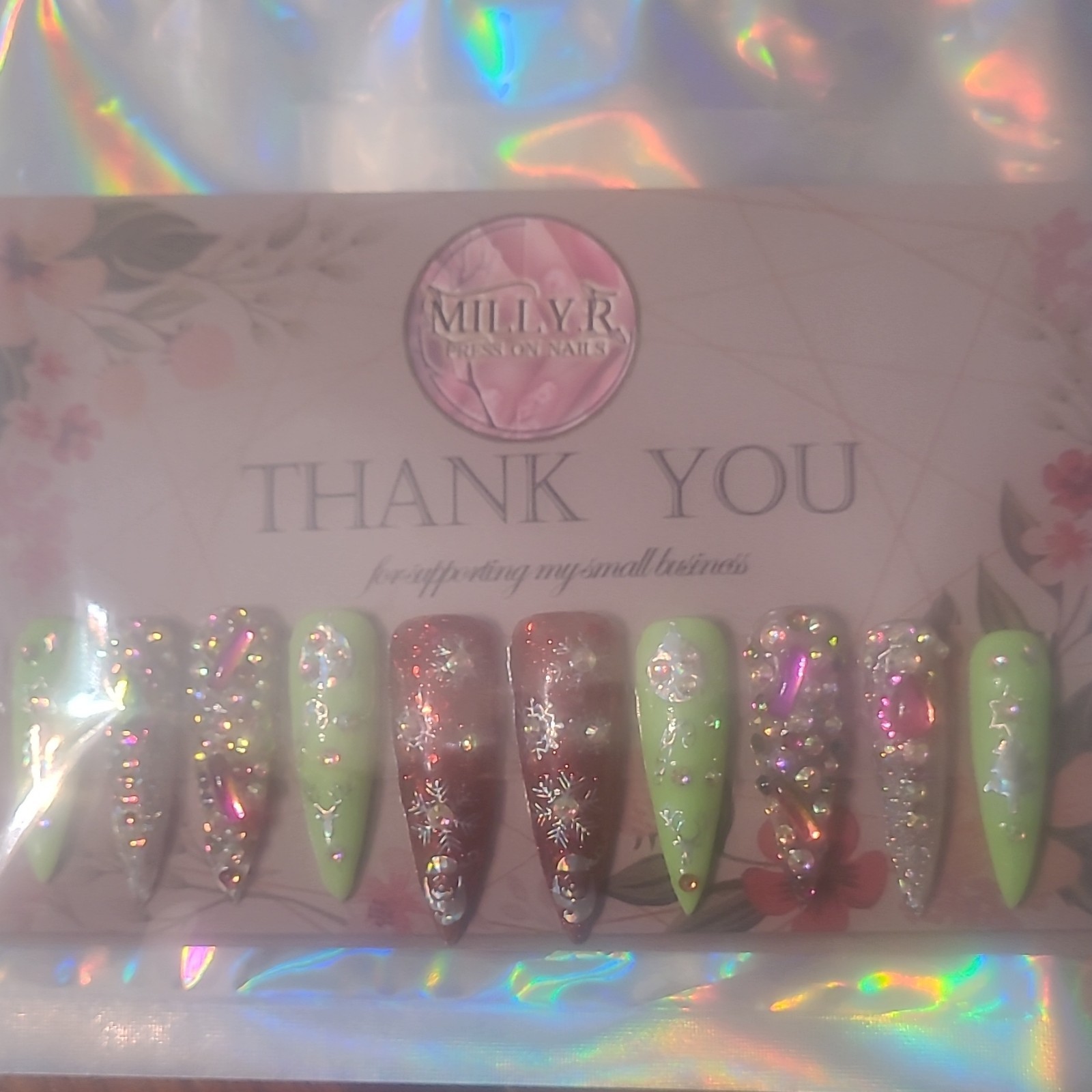 MILLYR Handmade Pre-Designed Acrylic Press-On Nails Long Coffin Glitter Flowers