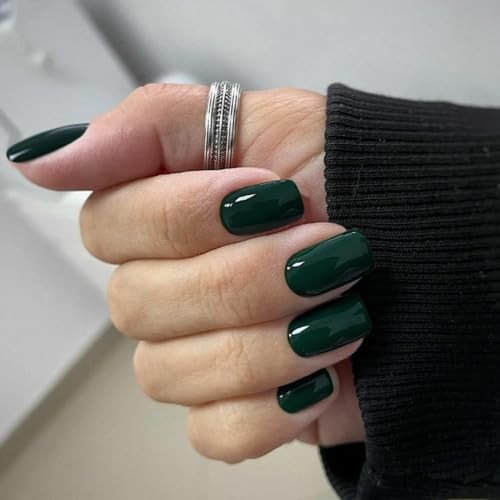 Dark Green Nails Press ons, Press on Nails Medium Square Glue on glossy green