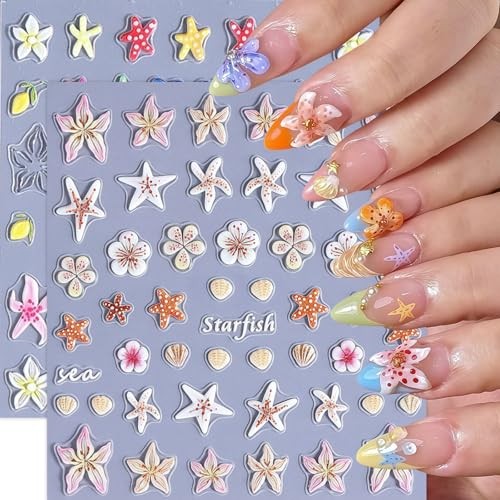5D Embossed Ocean Life Nail Art Stickers Decals Self Adhesive Seashell starfish