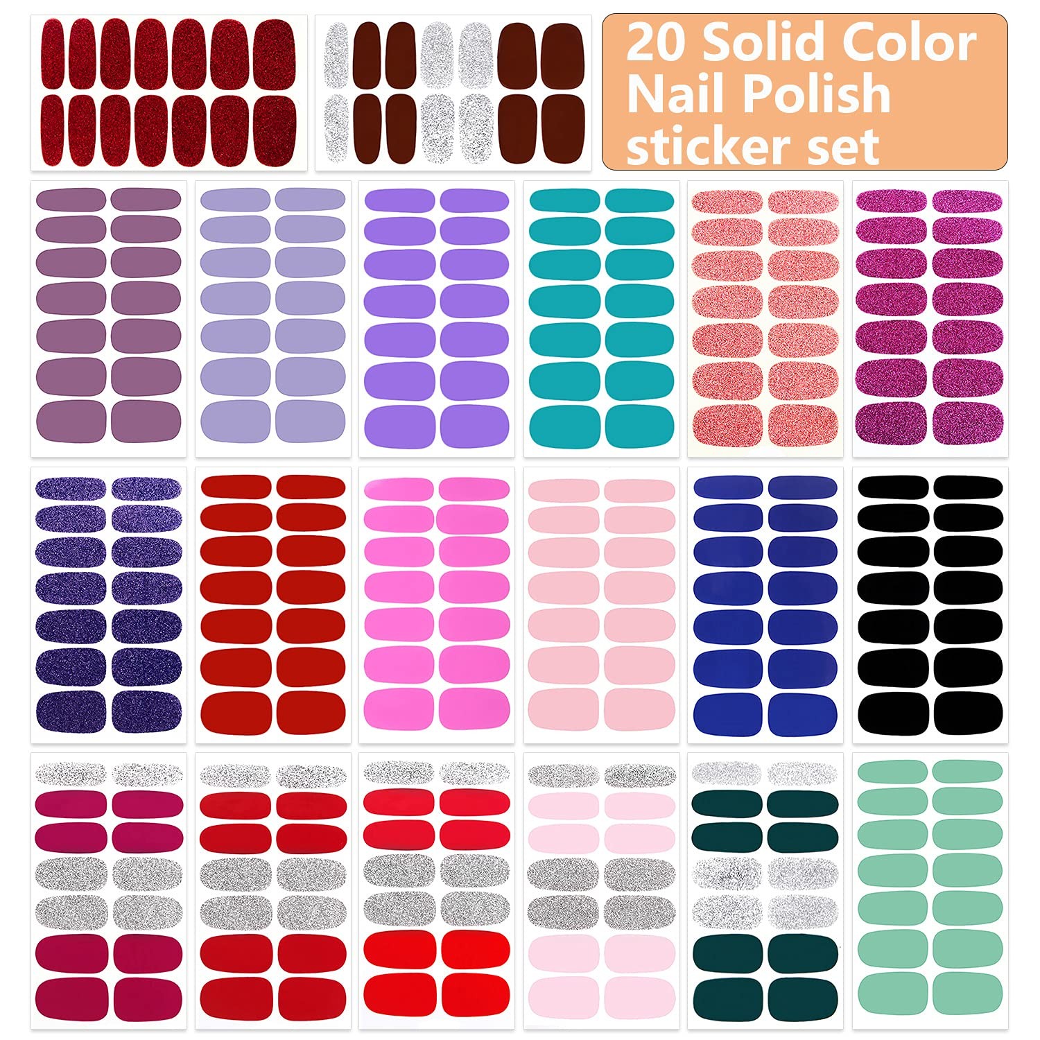 20 Sheets Nail Polish Strips Set 10pcs Solid Color Nail Strips and 10pcs Glit…