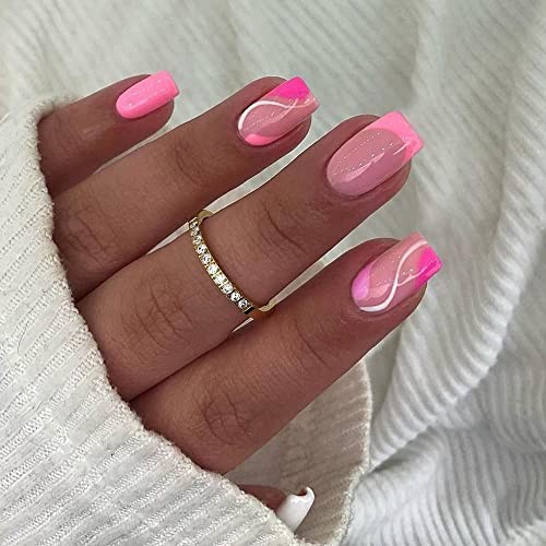 Hot Pink Square Shape Nails Design – Short French Press on Nails – Design
