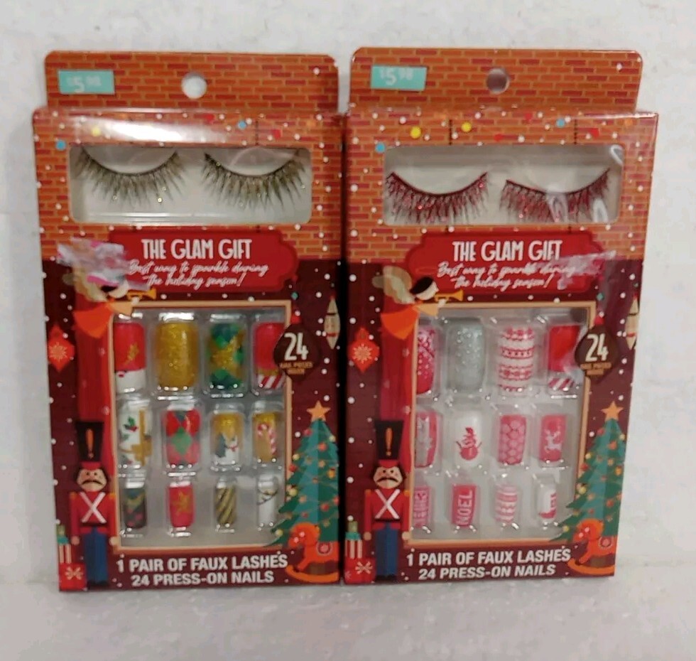 2 The Glam Gift Pair Of Faux Glitter Lashes 24 Holiday Themed Press On Nails