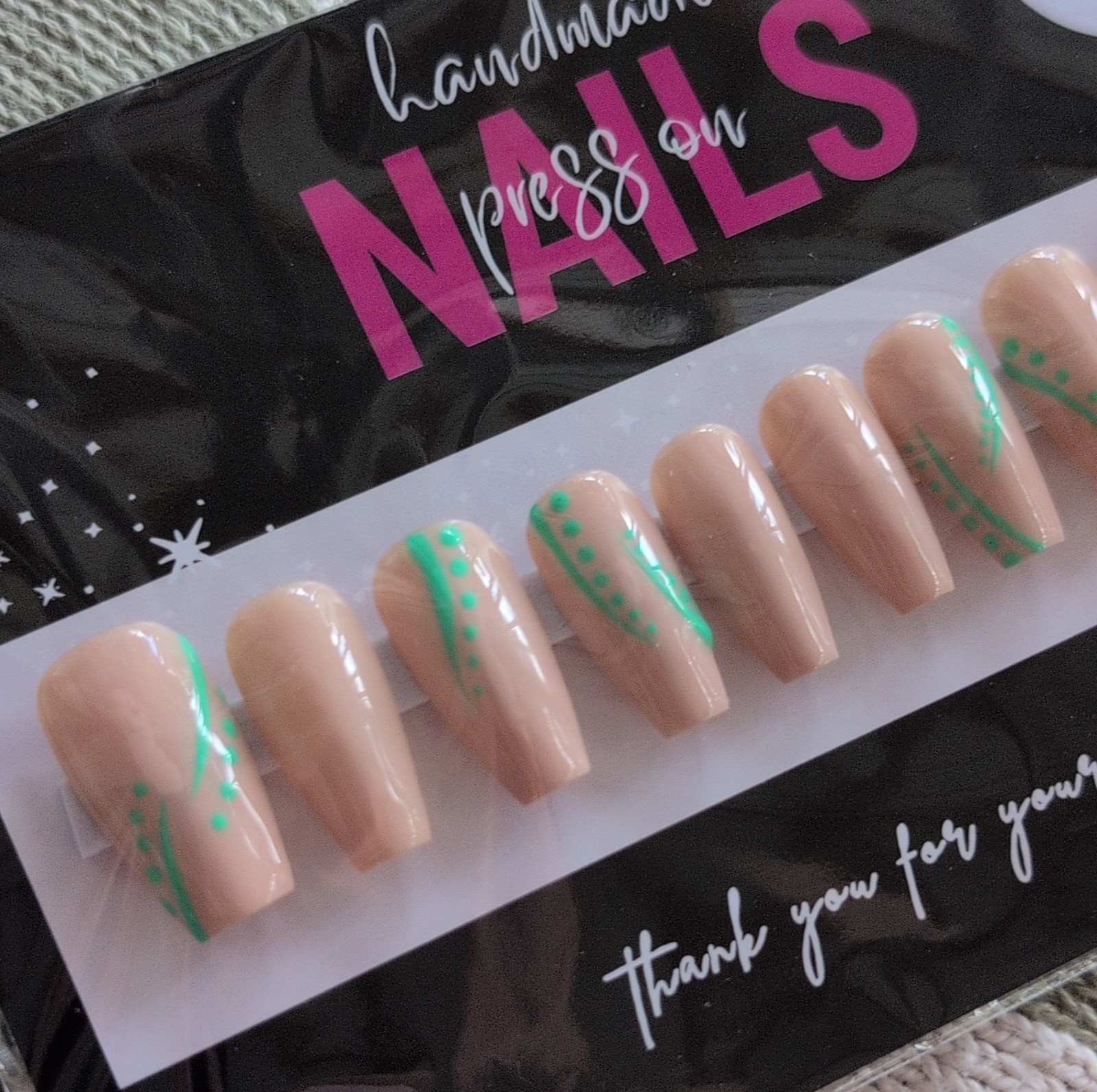 Press-On Nails Handmade Long Coffin Beige Green Sized Medium