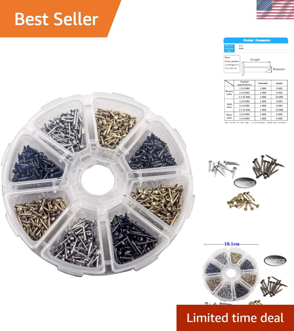 Assorted 1600 Tiny Nails – Antique Decorative Screws in Gold, Silver, Bronze
