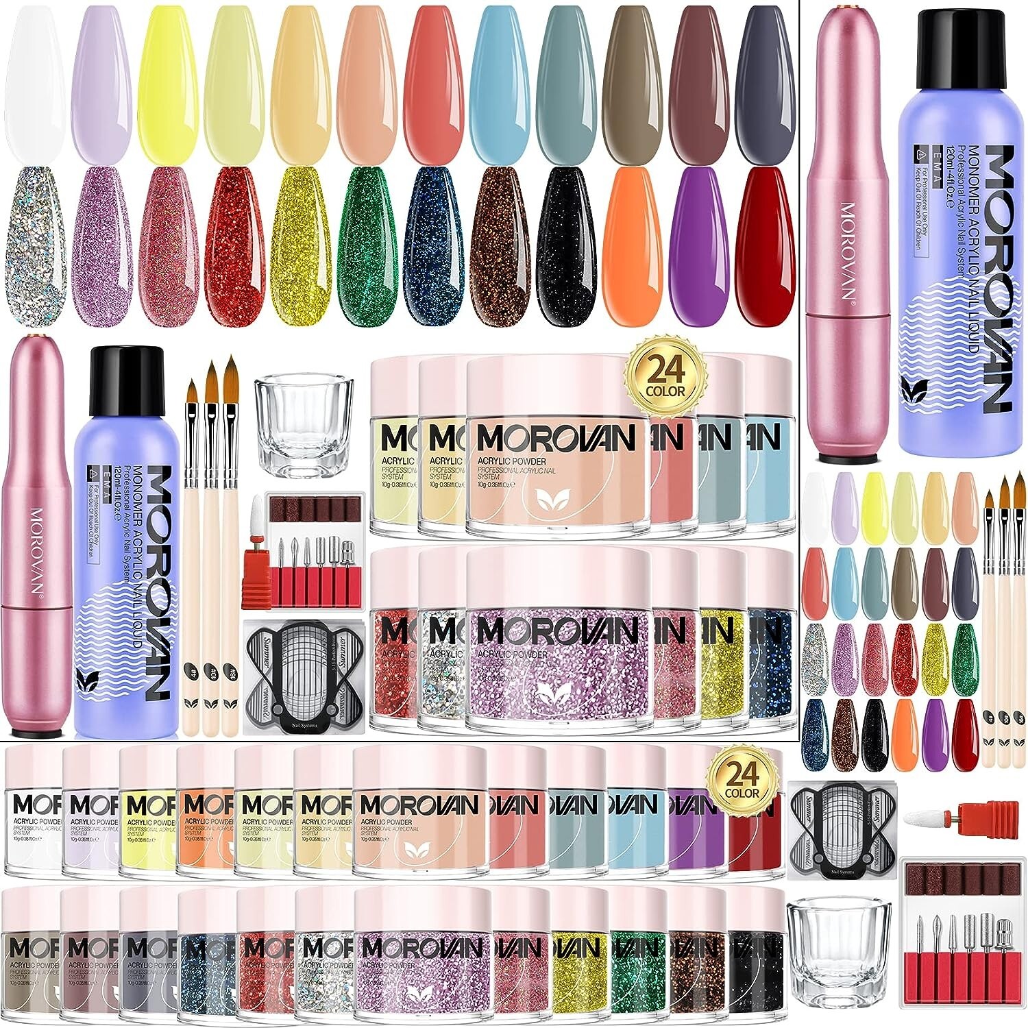 Morovan Acrylic Nail Kit with Everything – 24 Colors Glitter Acrylic + FREE GIFT
