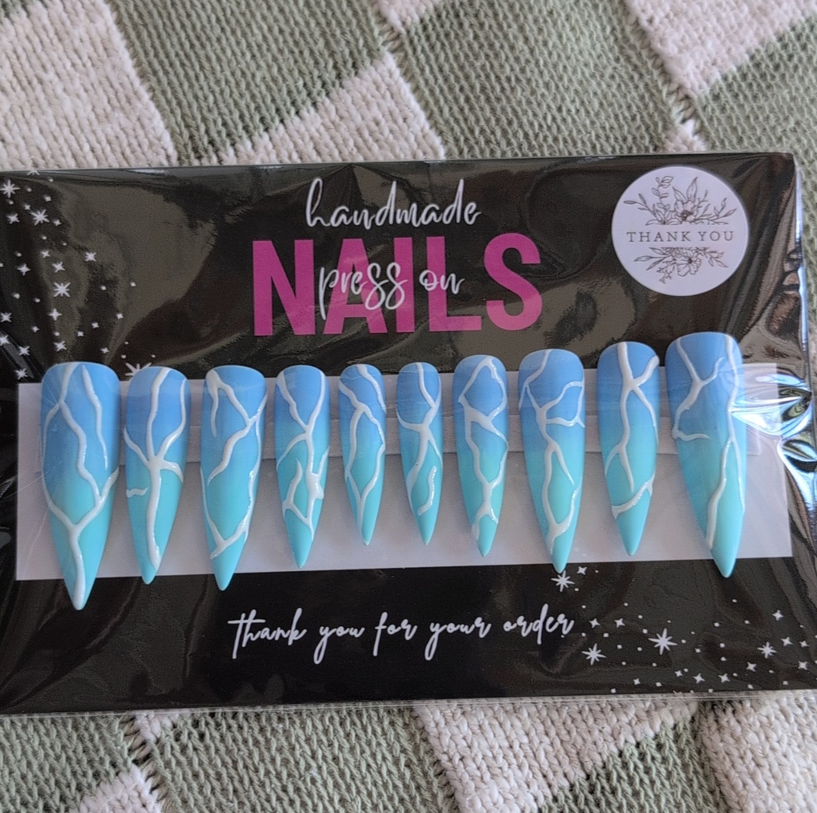 Handmade Press-On Nails Long Stiletto Blue White Abstract Sized Large