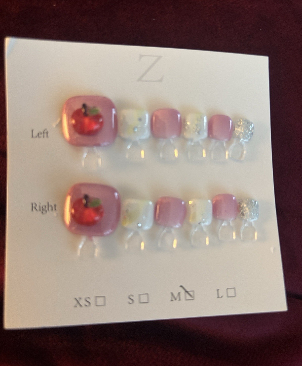 Press-On Nails Set Pink/White/Silver Glitter Fruit Medium Square Toe