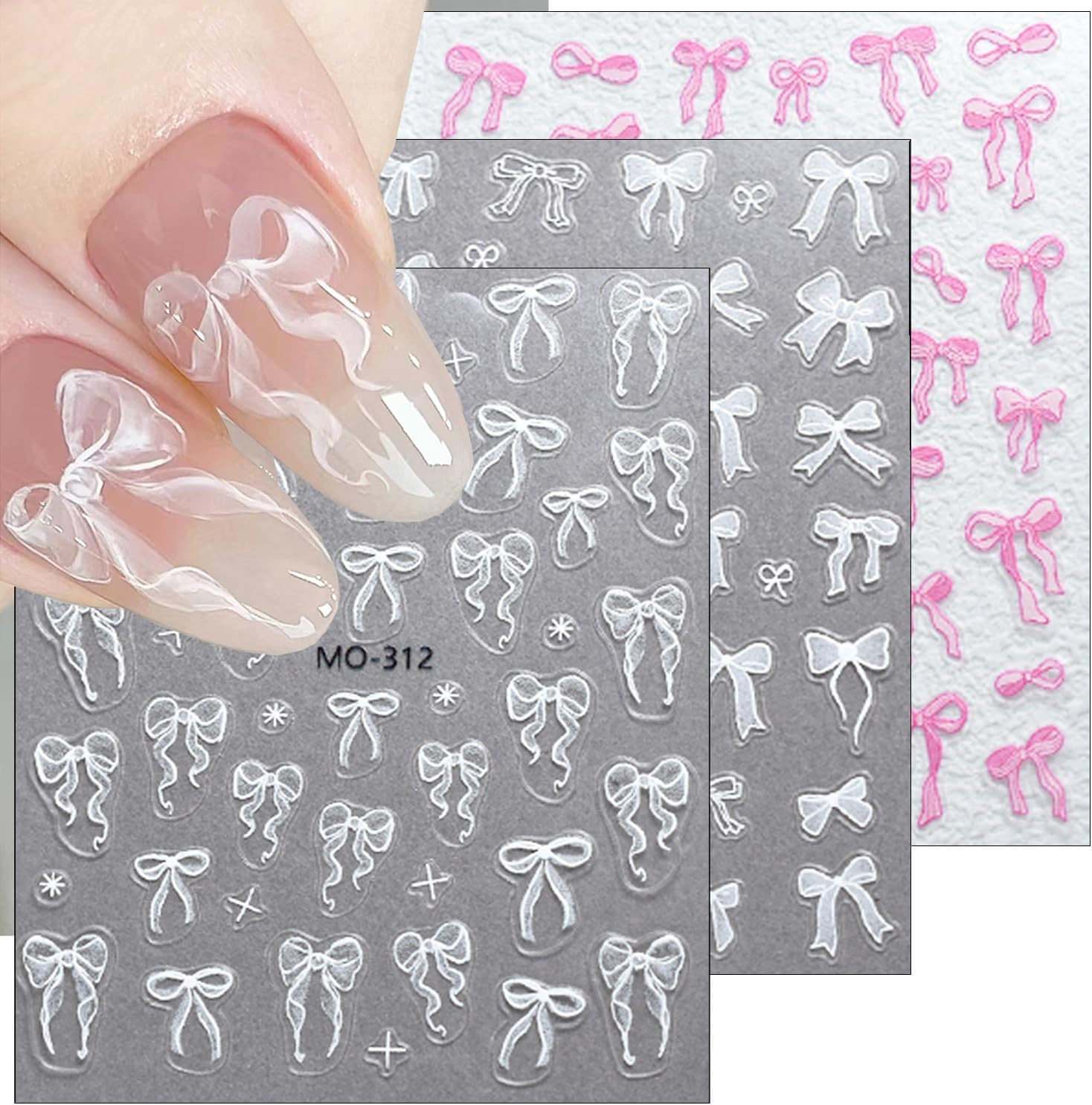 3Sheets 5D Embossed Bow Nail Stickers for Nail Art Self-Adhesive Bow Nail Decals