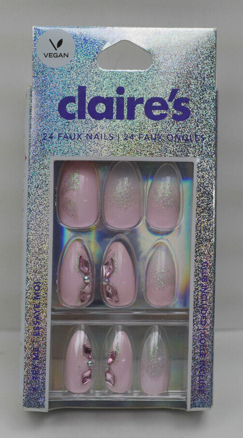 Claire’s Butterfly Bling Glitter Stiletto Vegan Faux Nail Set – 24 Pack (LOC. H)