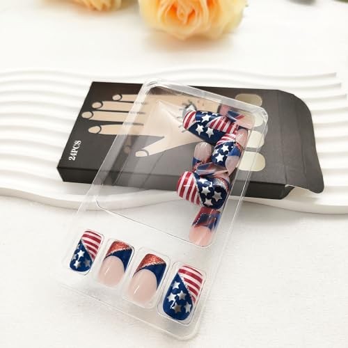 4th of July Press on Nails Short Square Short Square Star Glitter Red Blue