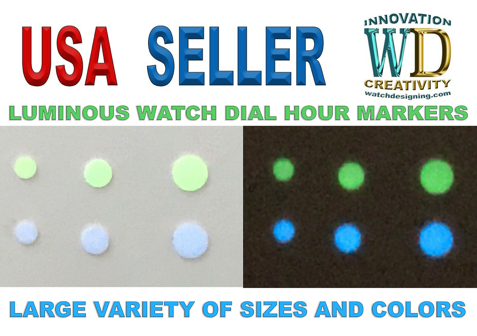 Watch Dial Hour Markers 12 GREEN/BLUE LUME Numerals Dots parts replace 3 Sizes