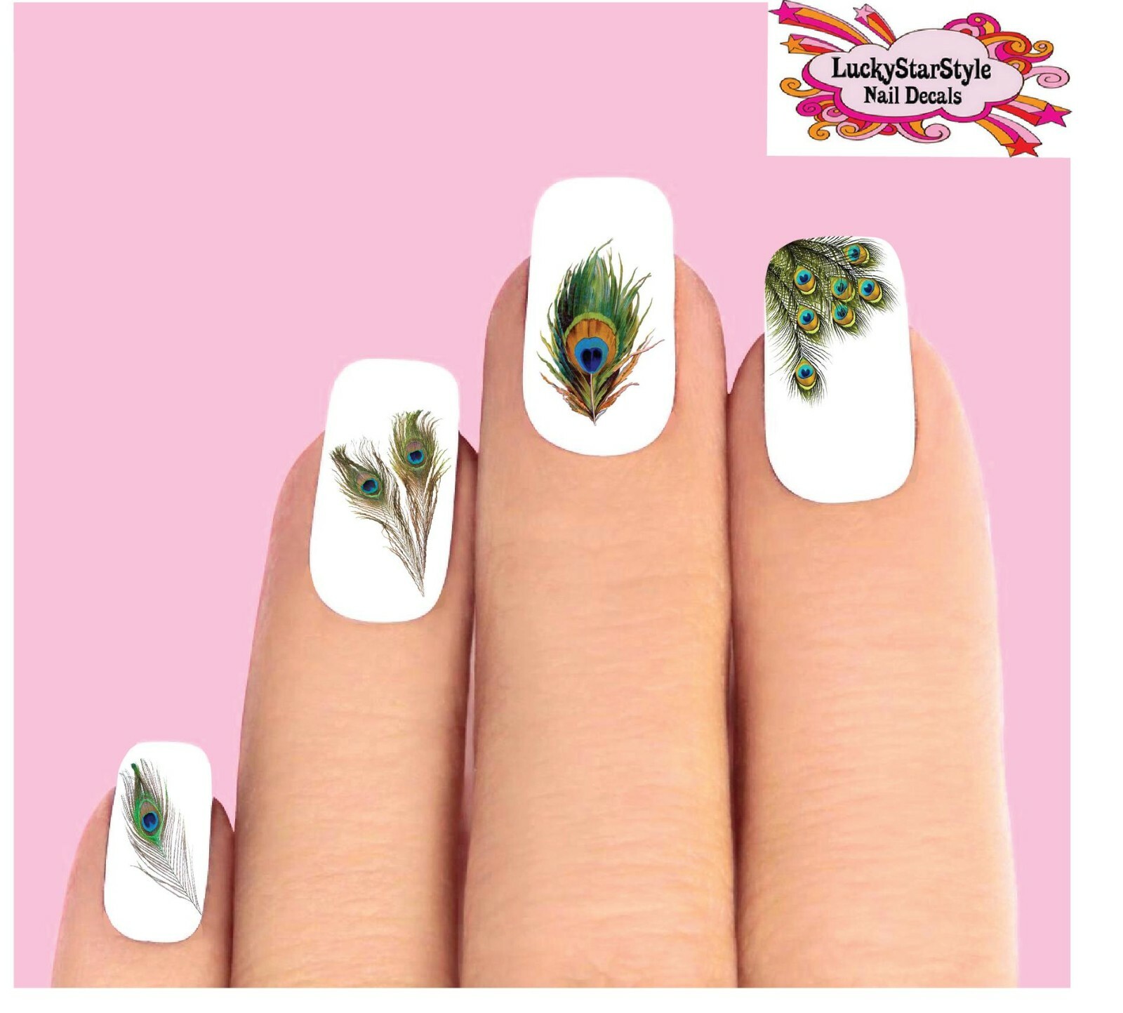Waterslide Bird Nail Decals Set of 20 – Peacock Feathers Assorted