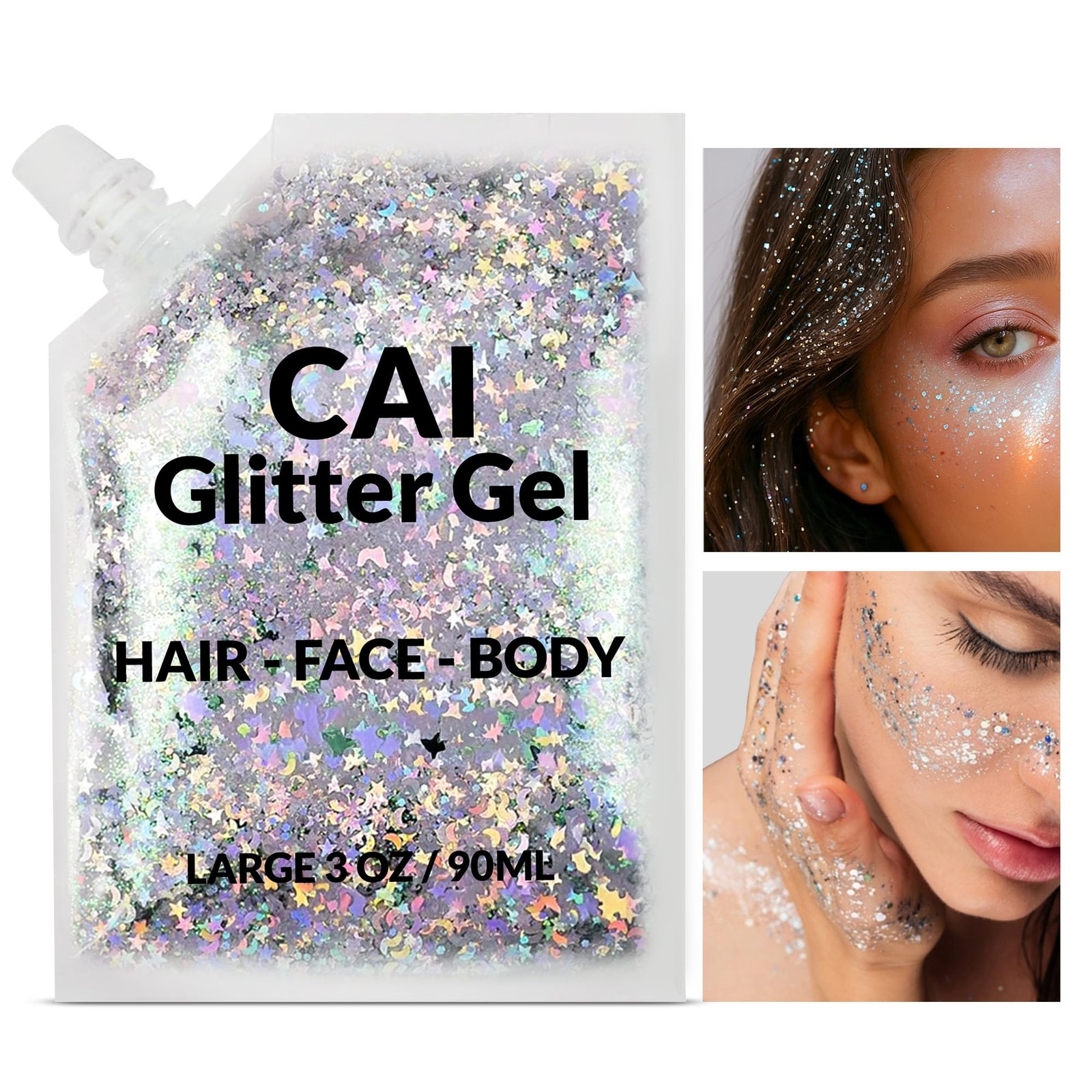 Silver CosmeticGrade Face Body Hair Moon Stars Festival Glitter Gel 3 Oz