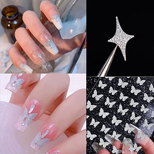 6 Sheets Silver Nail Art Stickers Decals Glitter Nail Supplies 3D Self Design 5