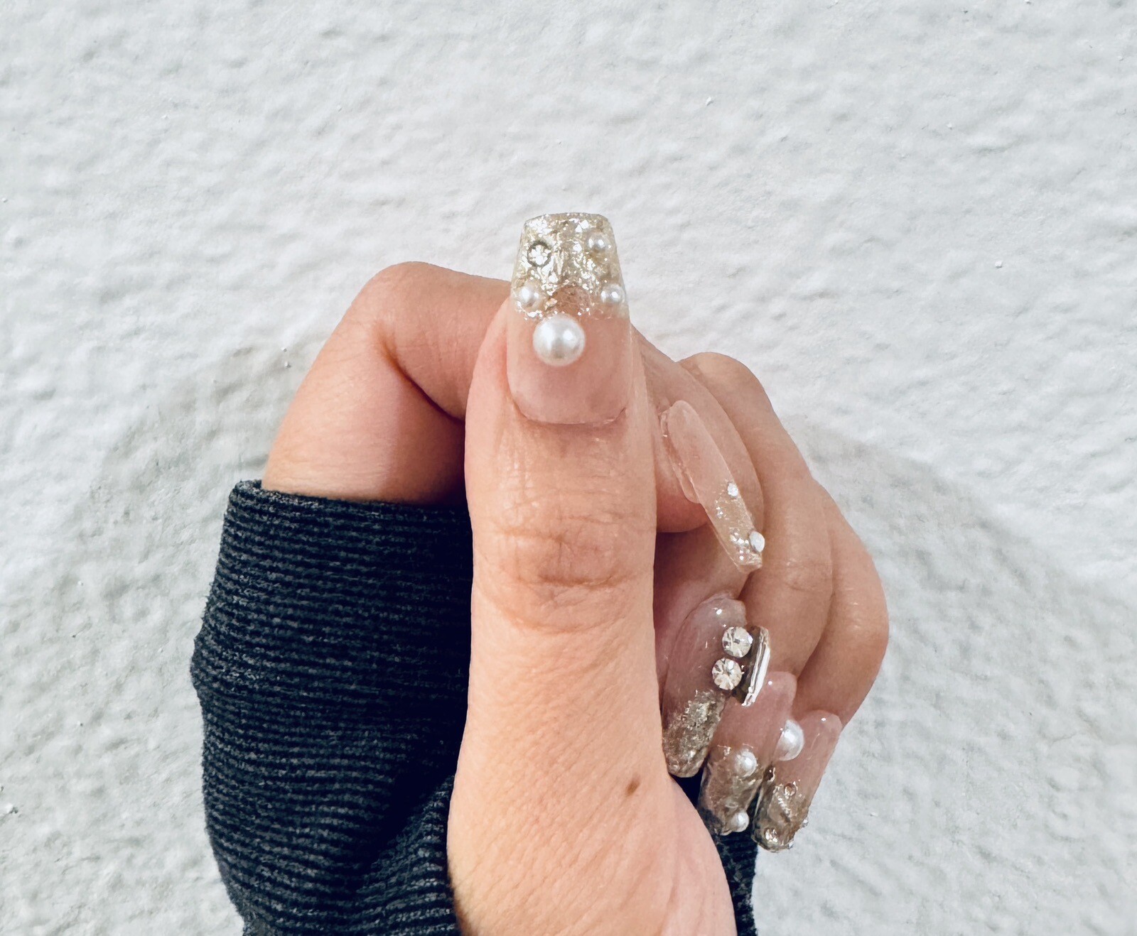 Press On Nails Handmade Champagne Pearl Rhinestone Flashing Medium Coffin S M L