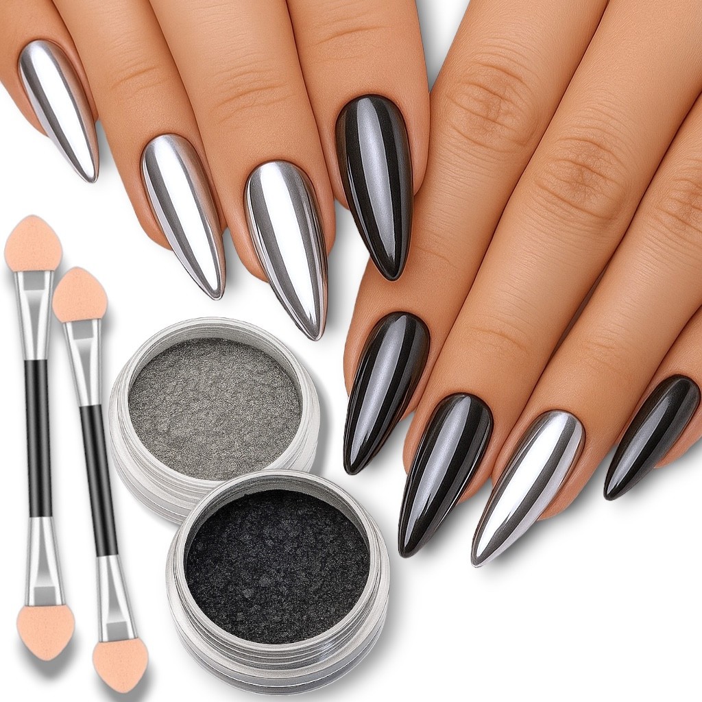 Black Silver Chrome Mirror Nail Powder Set 2pcs Shiny Metallic Effect Manicure
