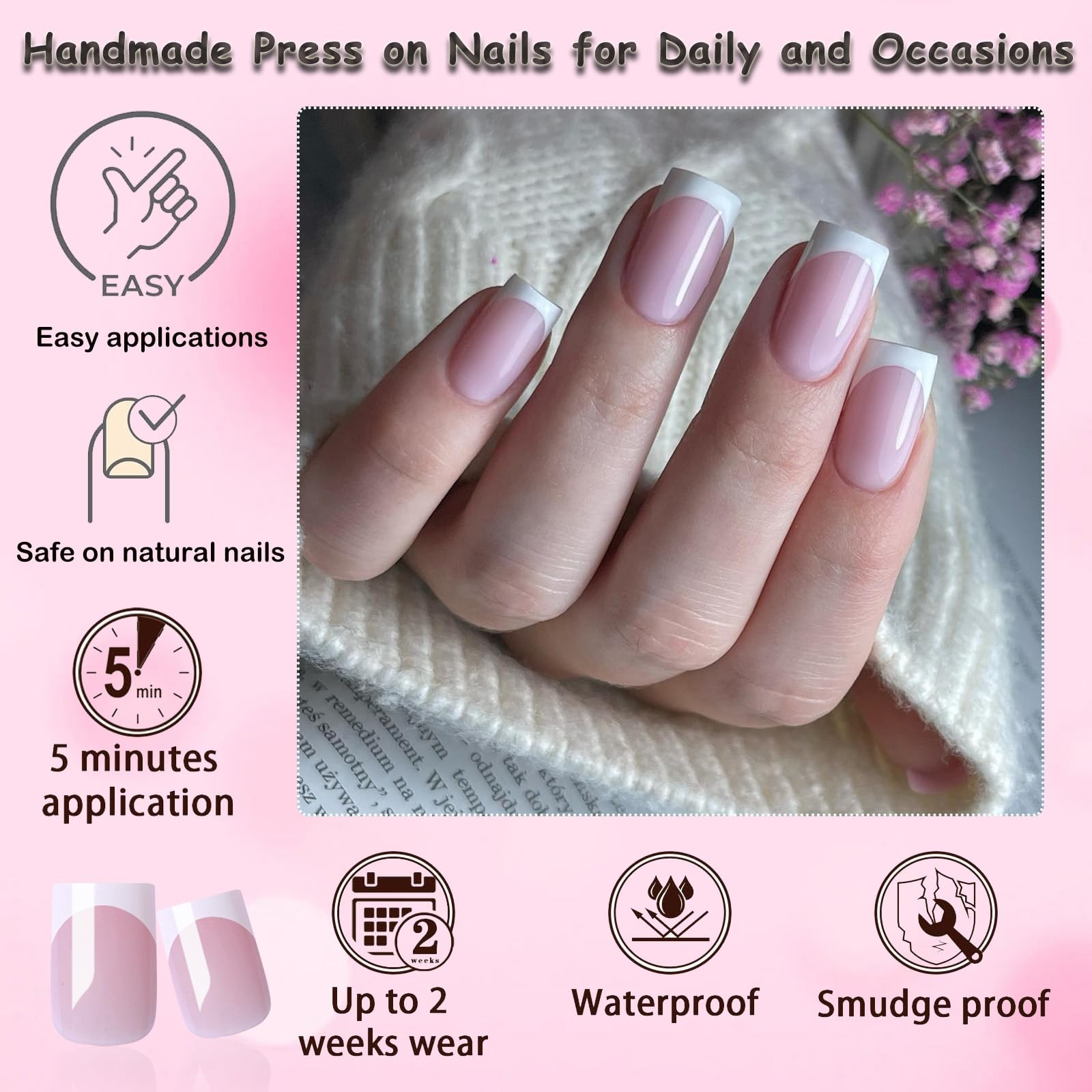 216pc White French Tips Press on Nails Medium Fake Nails Square, Pink Nude Me…