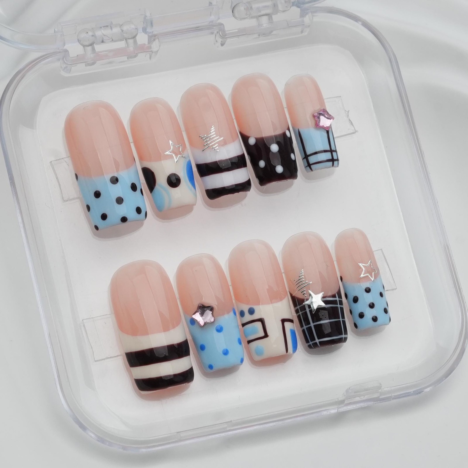 Custom Handmade French Tip Plaid Polka Dot Star Bow Long Square Press on Nails