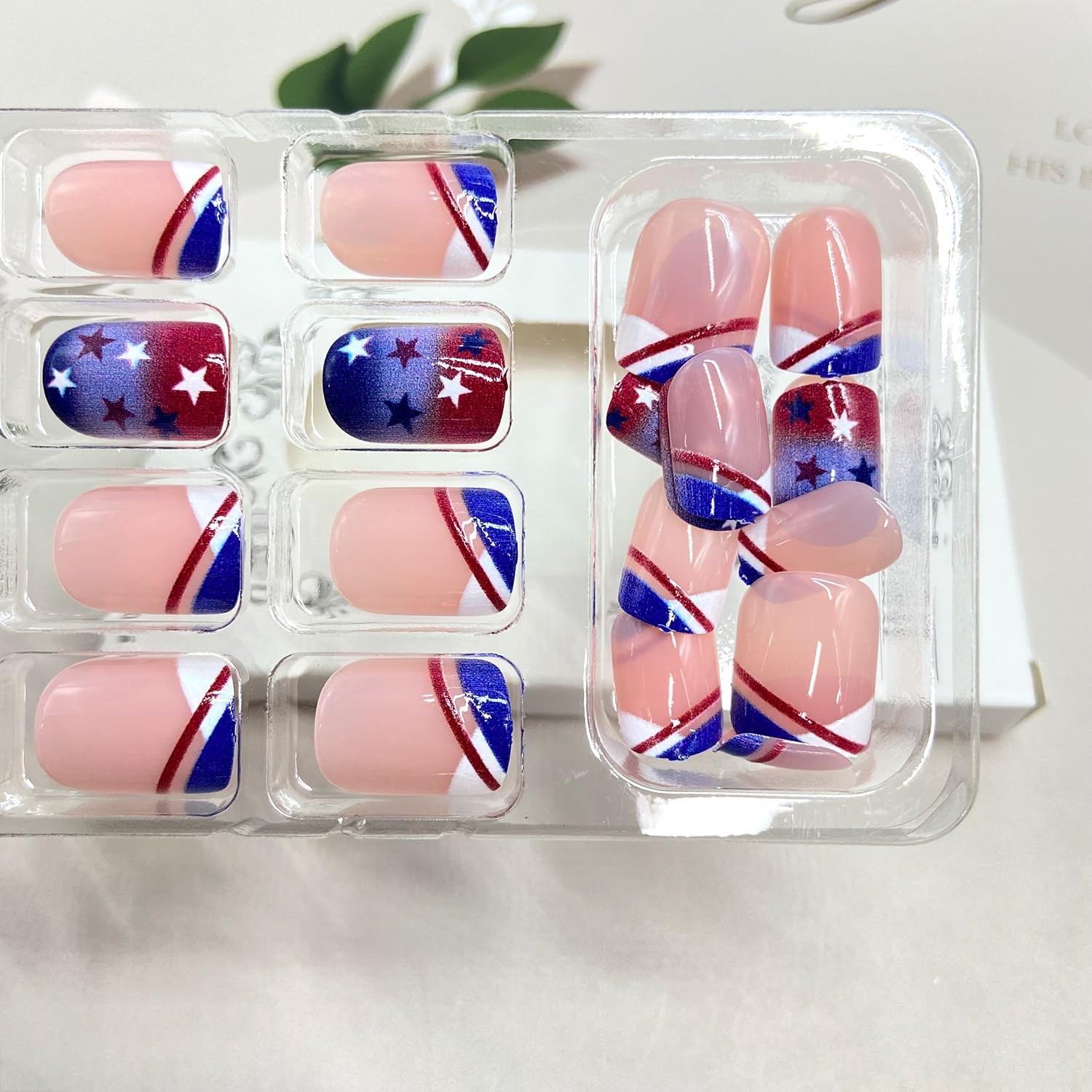 4th of July Press on Nails French Tip Independence Day False Nails Short Squa…
