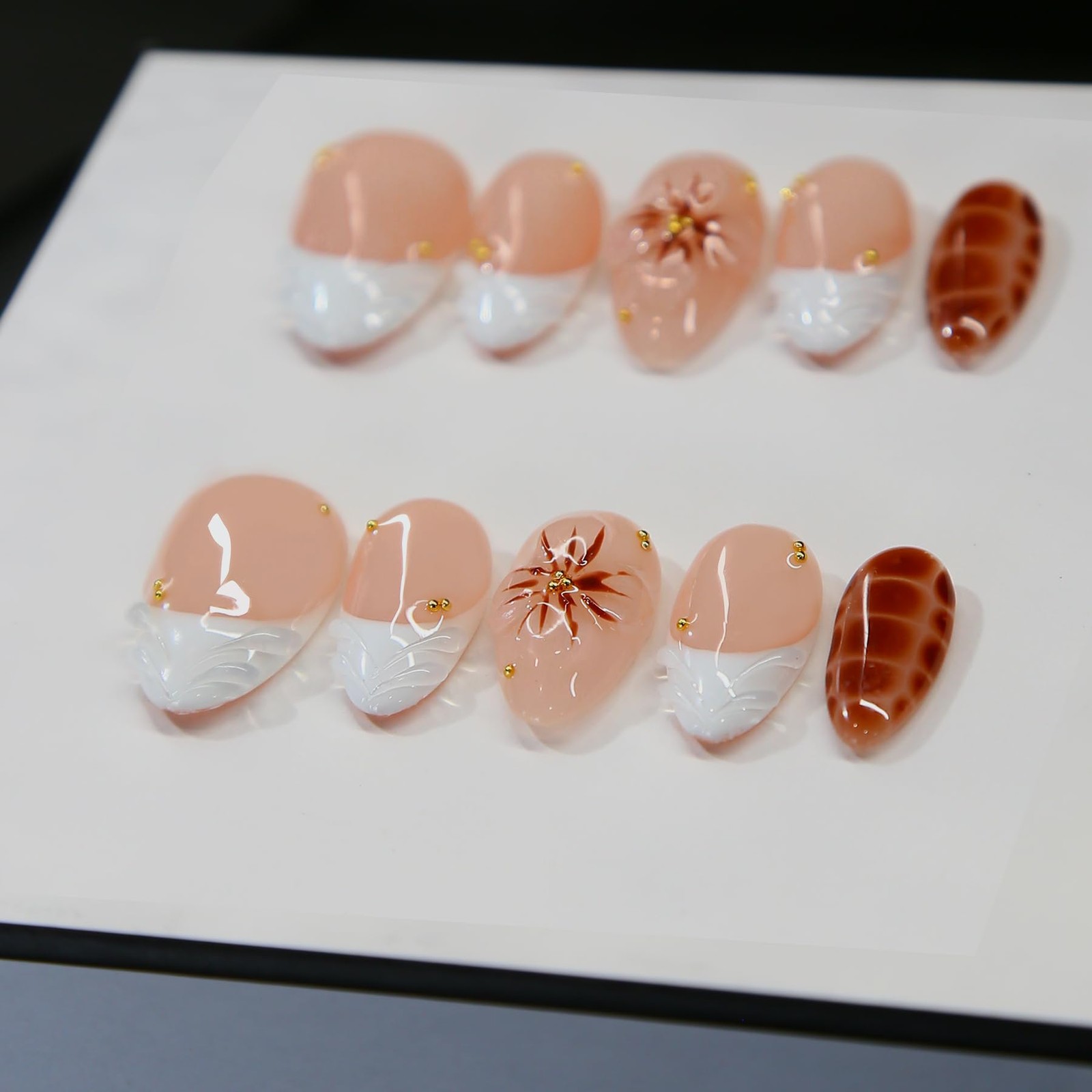 Press on Nails, Short Almond 3D Handmade 10PCS Nails, Reusable White French T…