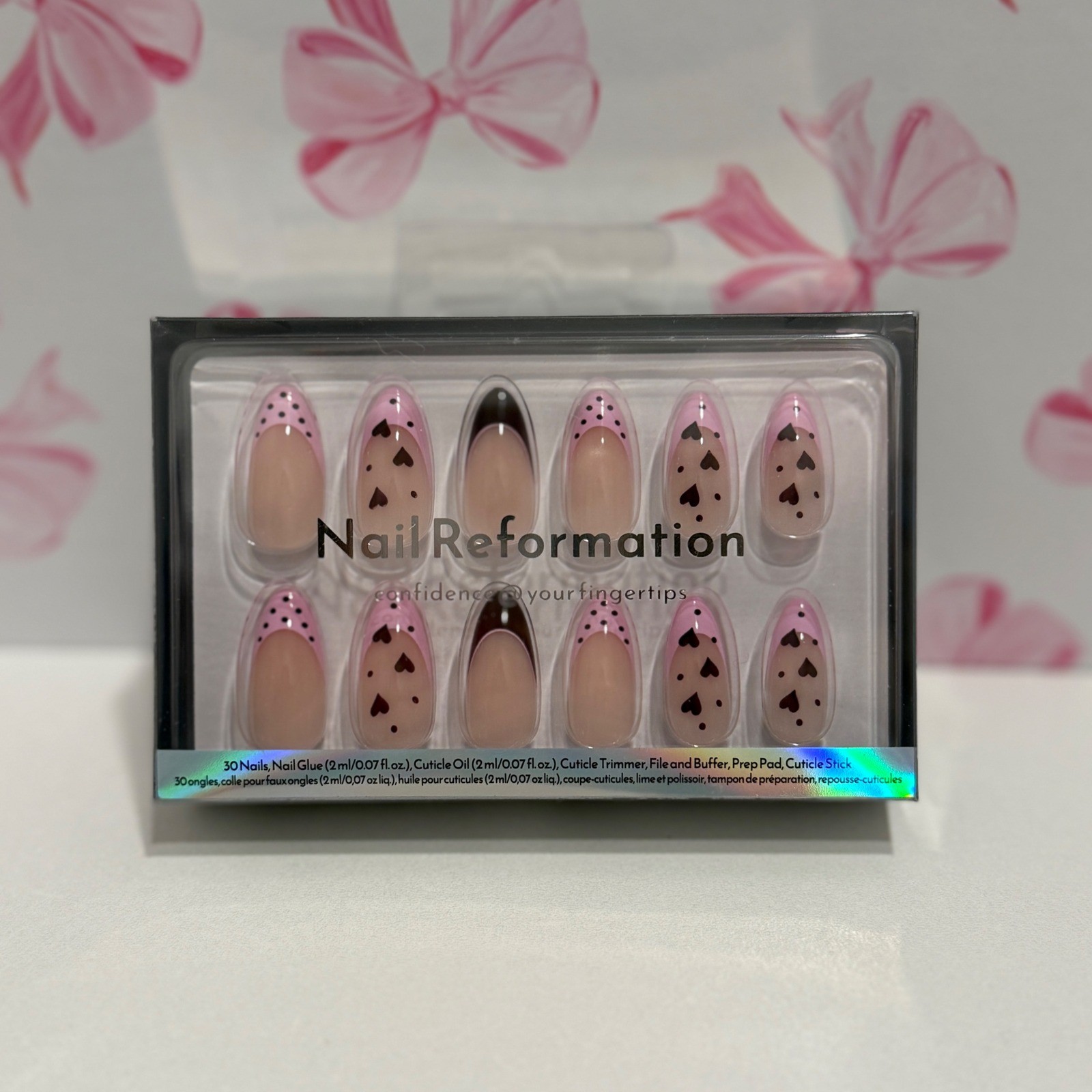 Nail Reformation Press On Nails Chocolate Kiss Heart Polka Dot Almond 30ct Kit