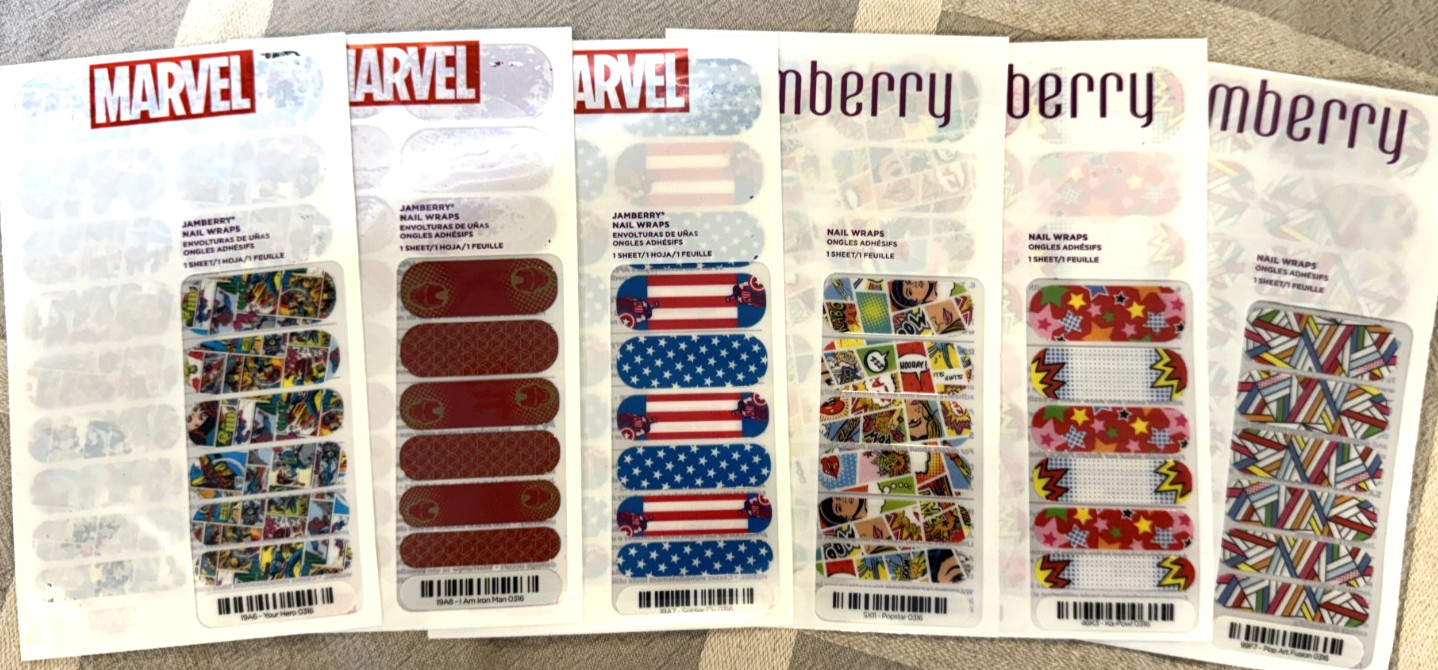 Lot of 6 Retired Jamberry Nail Wraps Marvel Comics Iron Man Captain America Pop