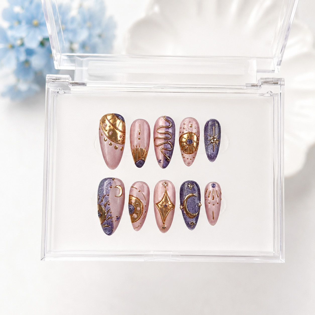 Press On Nails Medium Almond Celestial Moon Star Gold Purple Rhinestone Nail Set