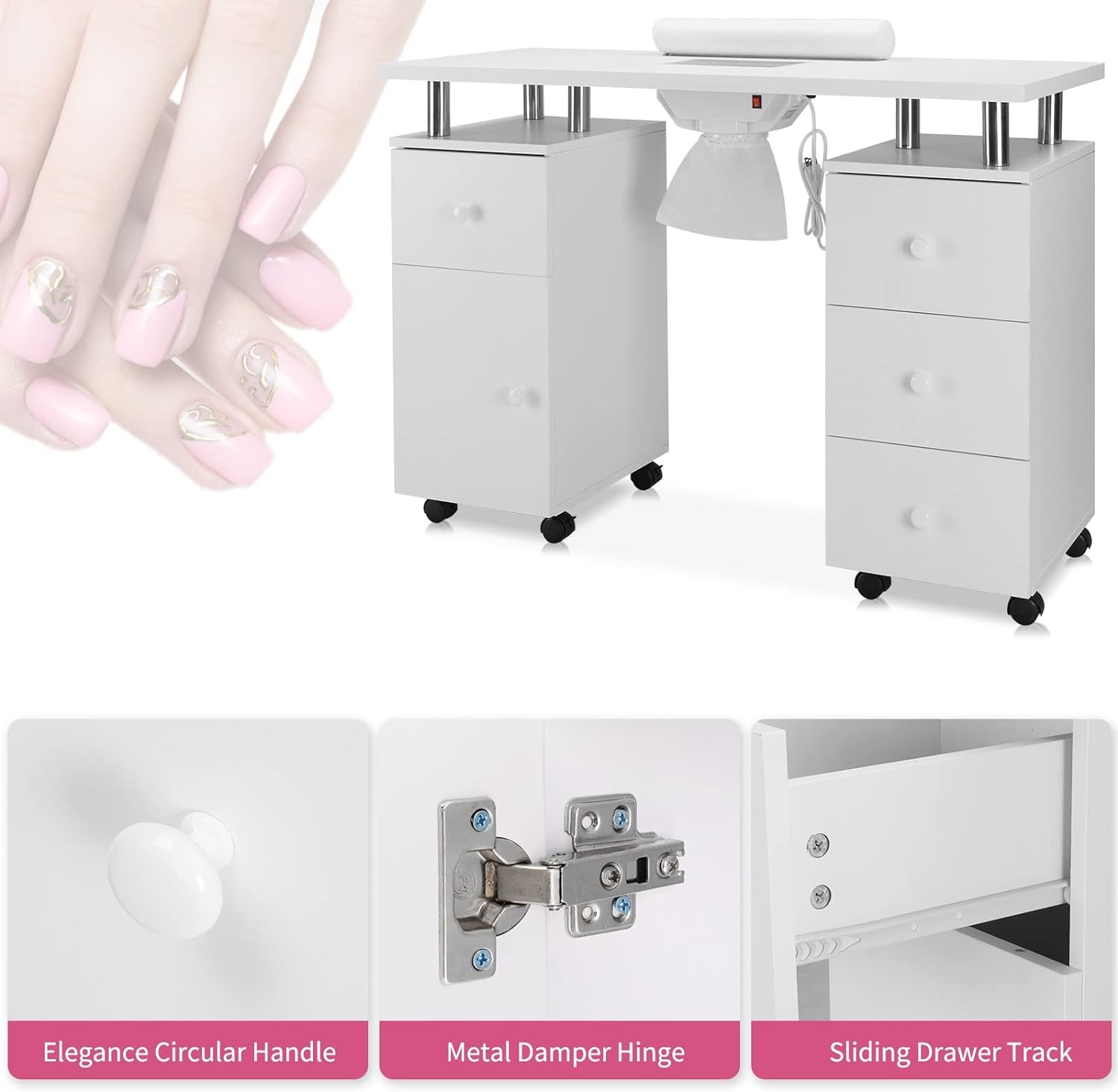 Pro Manicure Nail Table Station Spa Beauty Salon Wheel Desk with Dust Collector