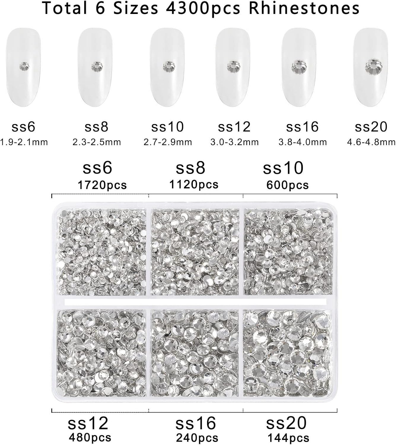 4300pcs Flatback Rhinestones,Clear Rhinestones Nail Gems Round Crystal Rhineston