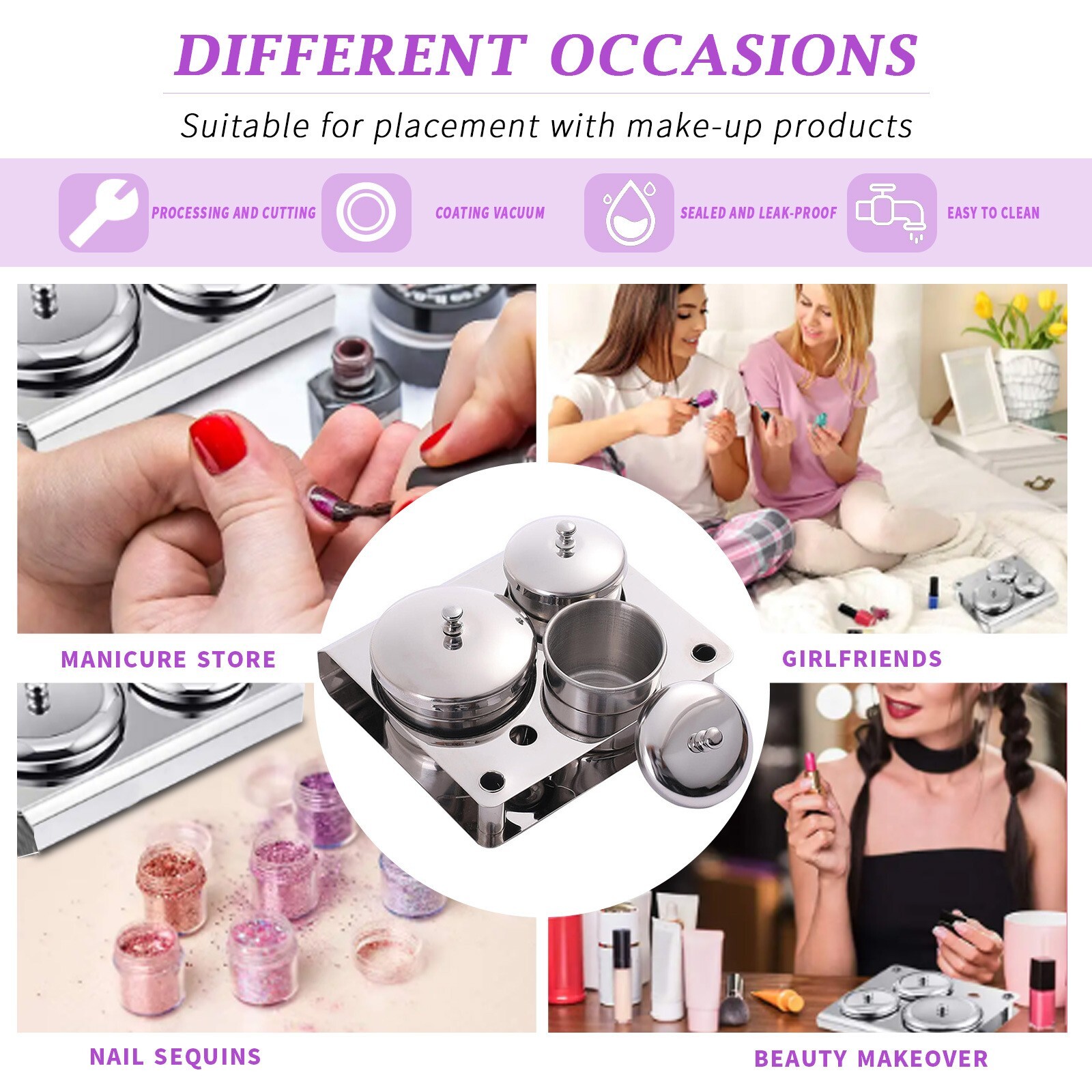 Silver Stainless Steel Nail Art Manicure Acrylic Powder & Liquid Set Storage Cup