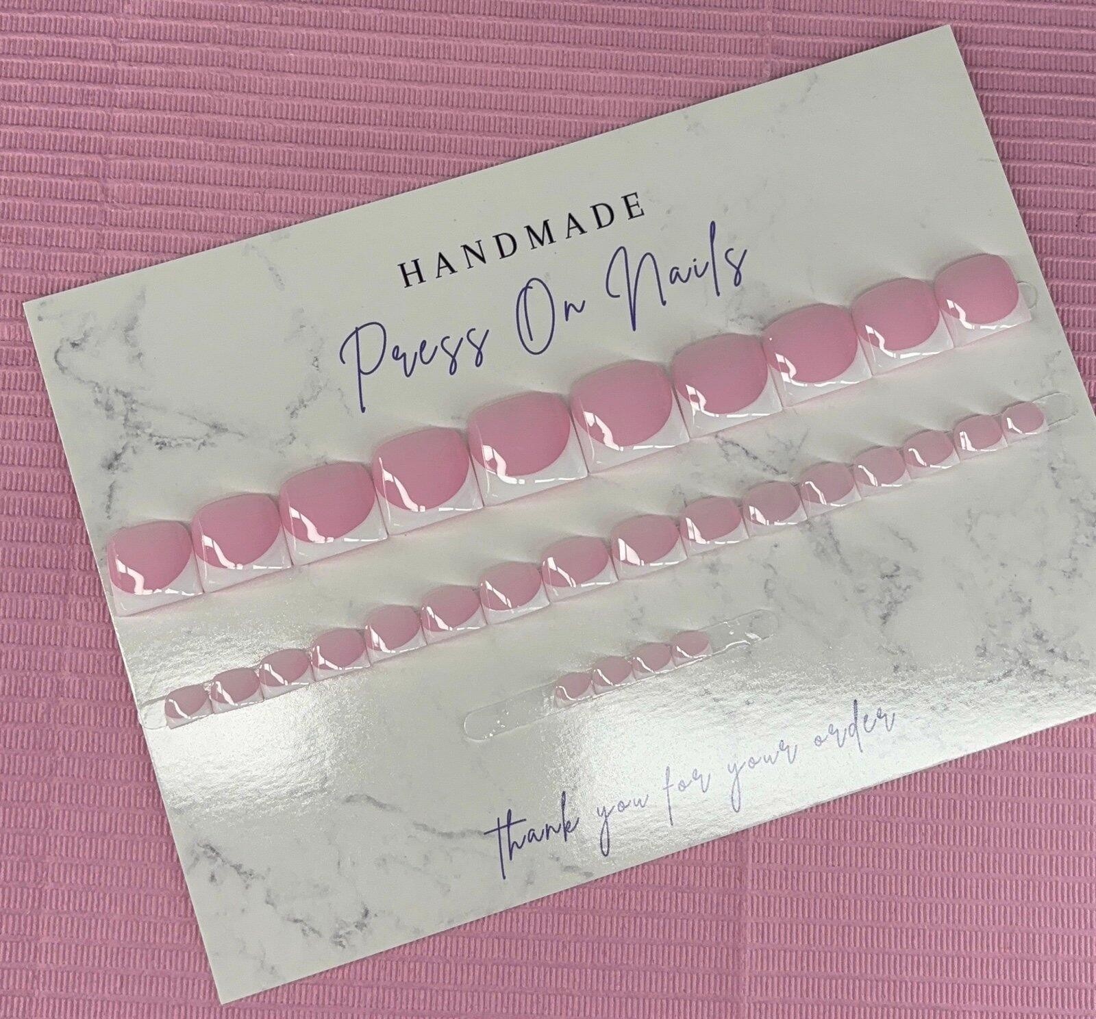 press on toenails pink nude white French tips handmade gel
