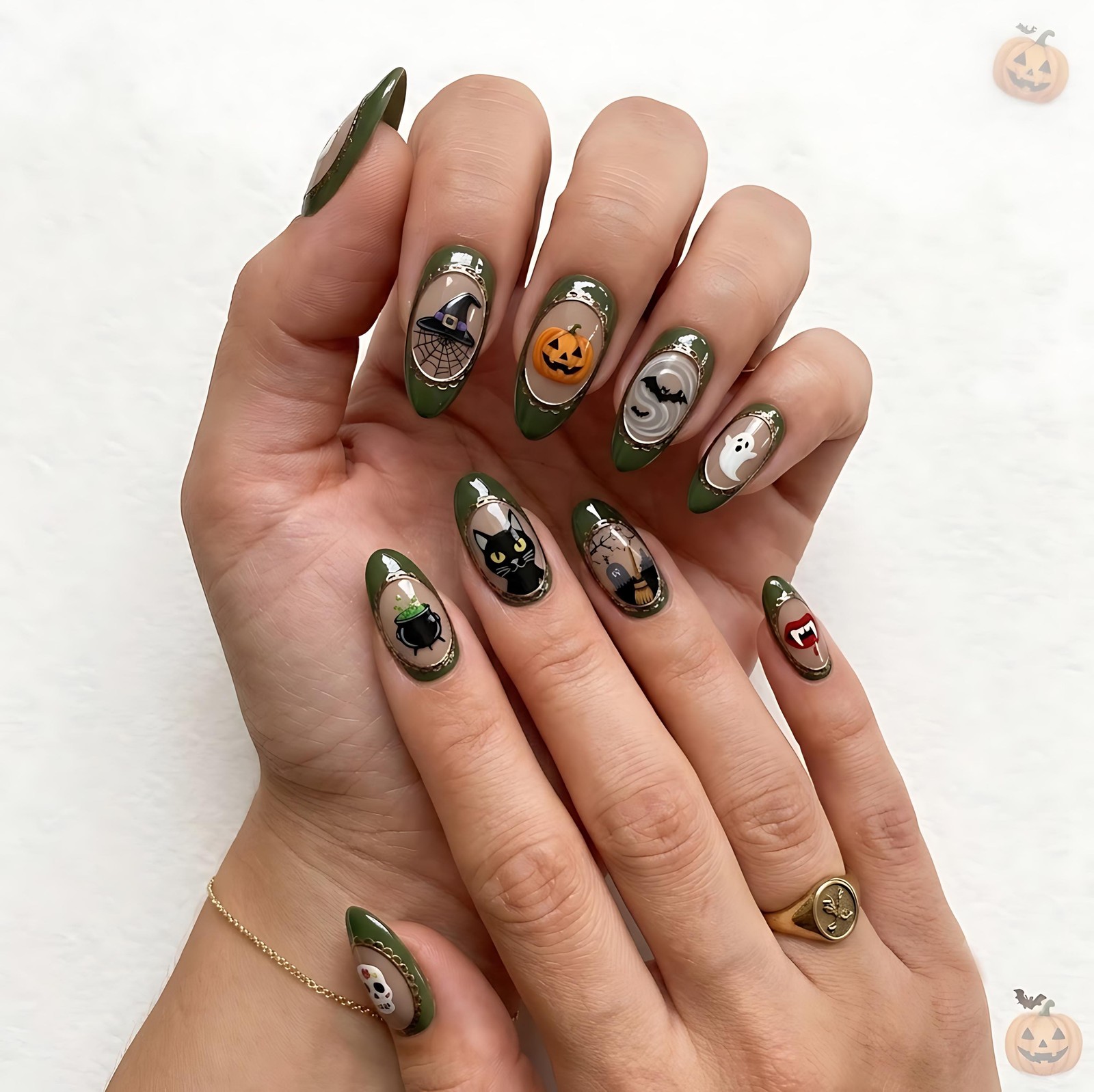 Custom Handmade Olive Green Halloween Ghost Pumpkin Witch Almond Press on Nails