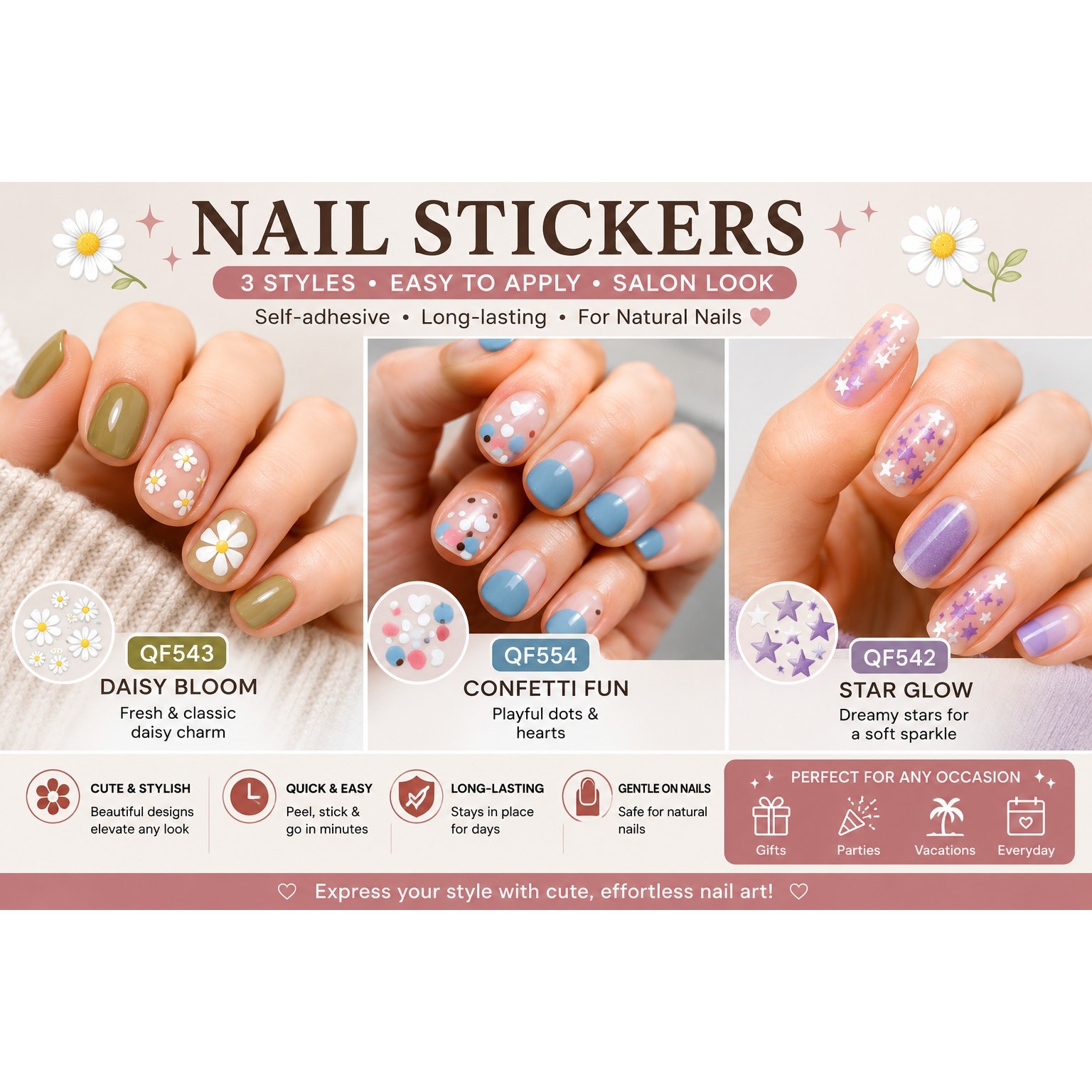 3 Sheets Nail Wrap Stickers – Daisy, Heart & Star Designs | Easy DIY Manicure