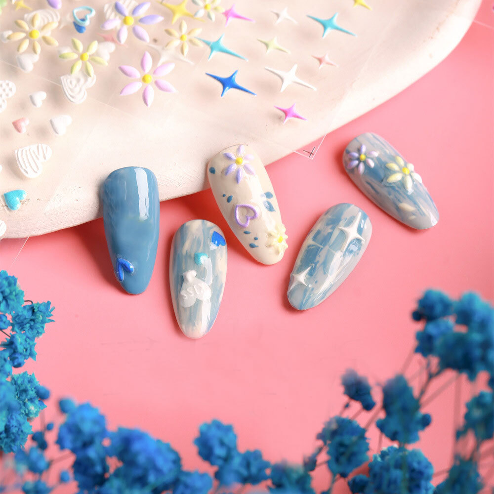 5D Nail Stickers Embossed Daisy Flower Bride Decals Nail Art Decoration DIY Chic