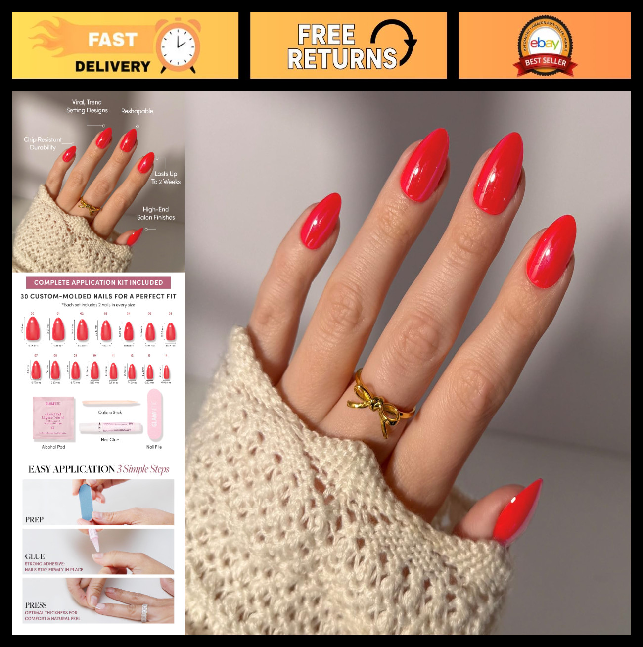 Vibrant Red Almond Press-On Nails | Short Fake Nails with Glazed Finish | 30-Pie