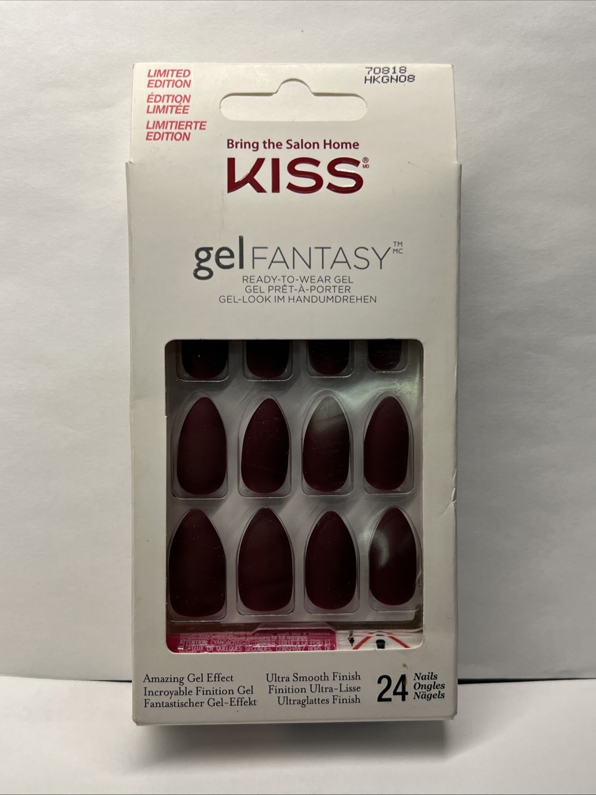 Kiss Gel Fantasy Matte Burgundy Glue On Stiletto Shape Medium Length 24 Nails