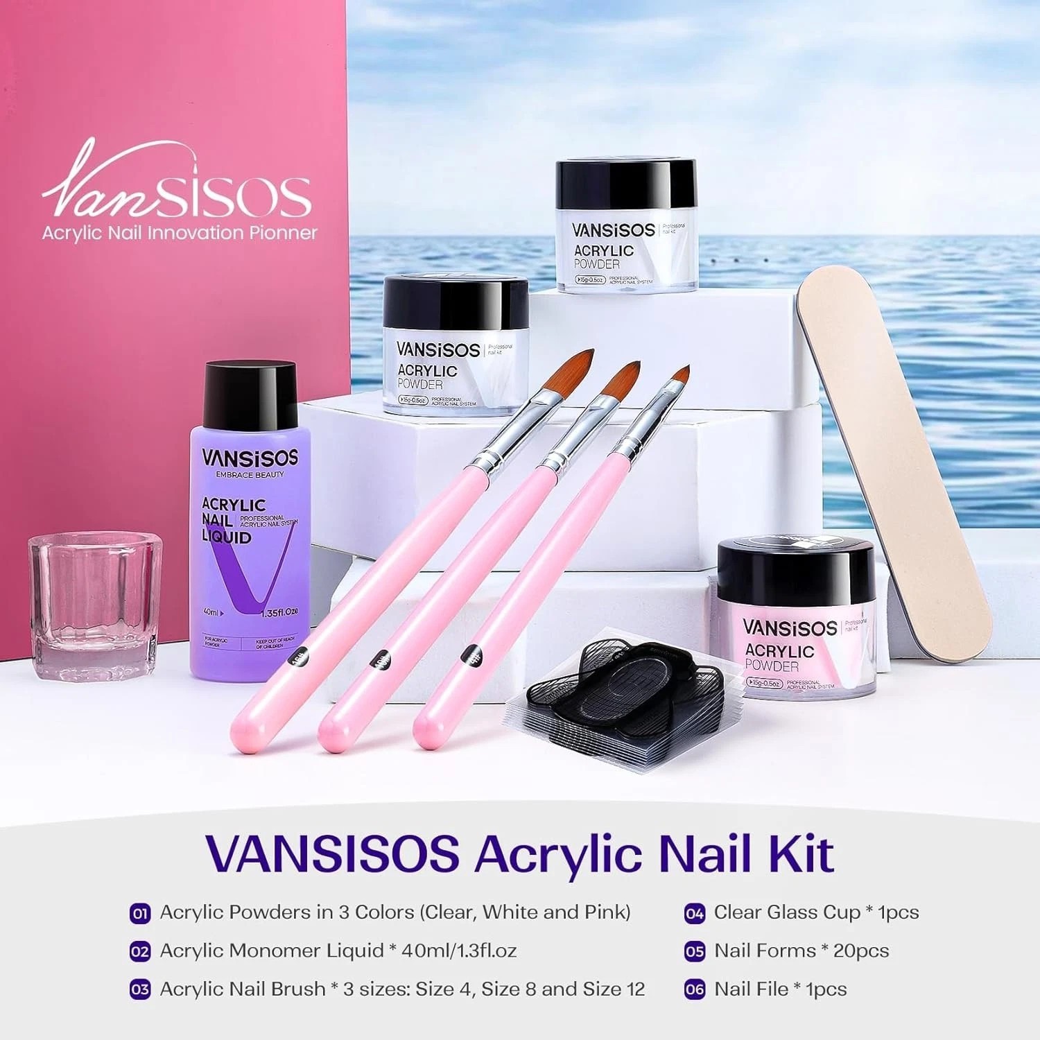 Acrylic Nail Kit for Beginners: Clear White Pink Powder and Liquid Set Profes…