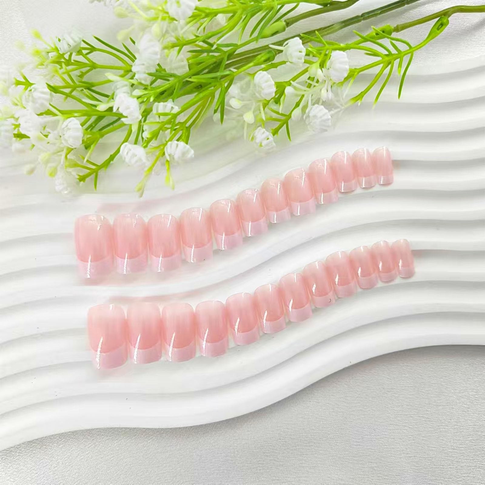 Medium Press on Nails Square White French Tip False Medium, Light Pink
