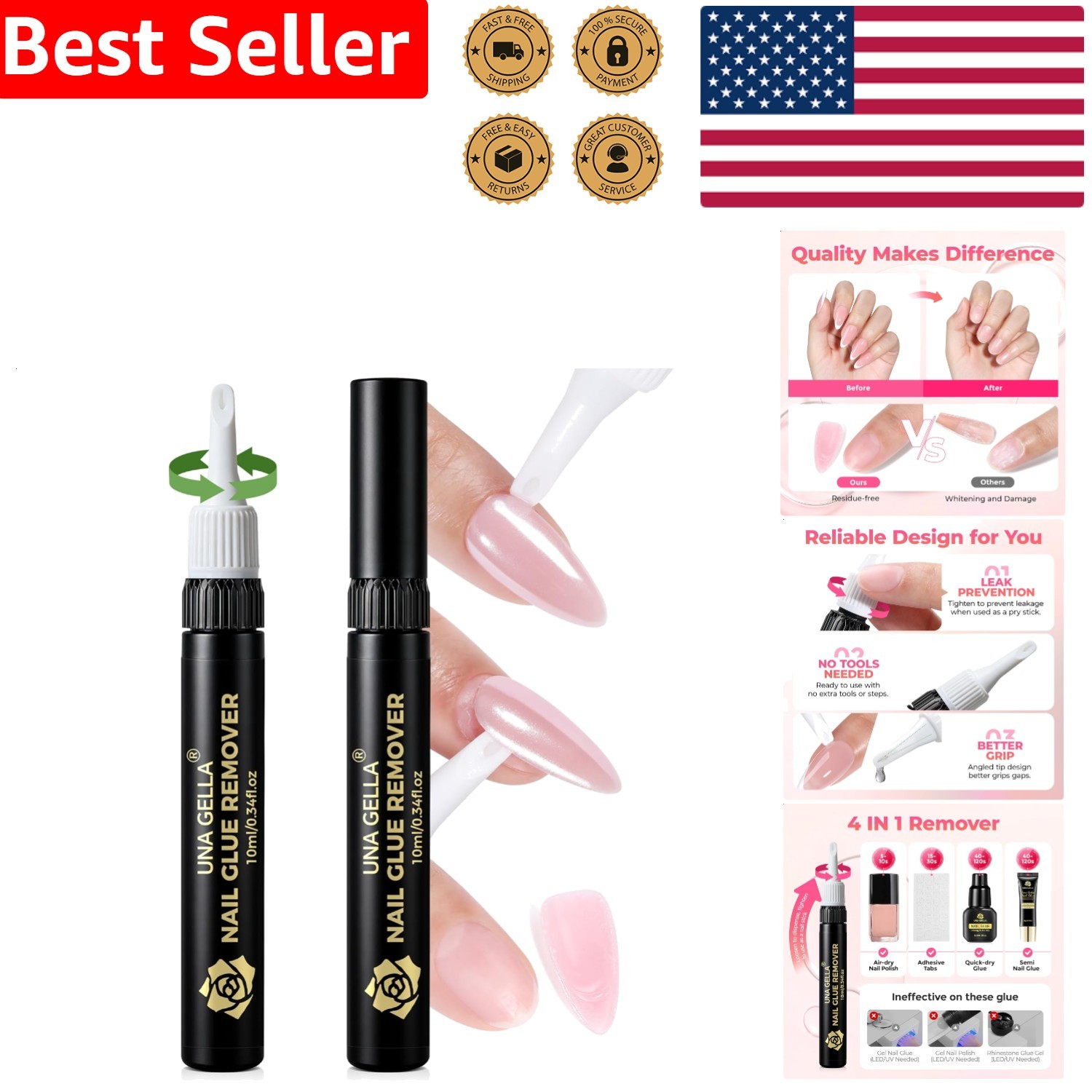 Gentle Nail Glue Remover 2 Bottles Acetone Free Press On Fake Nail Adhesive Tool