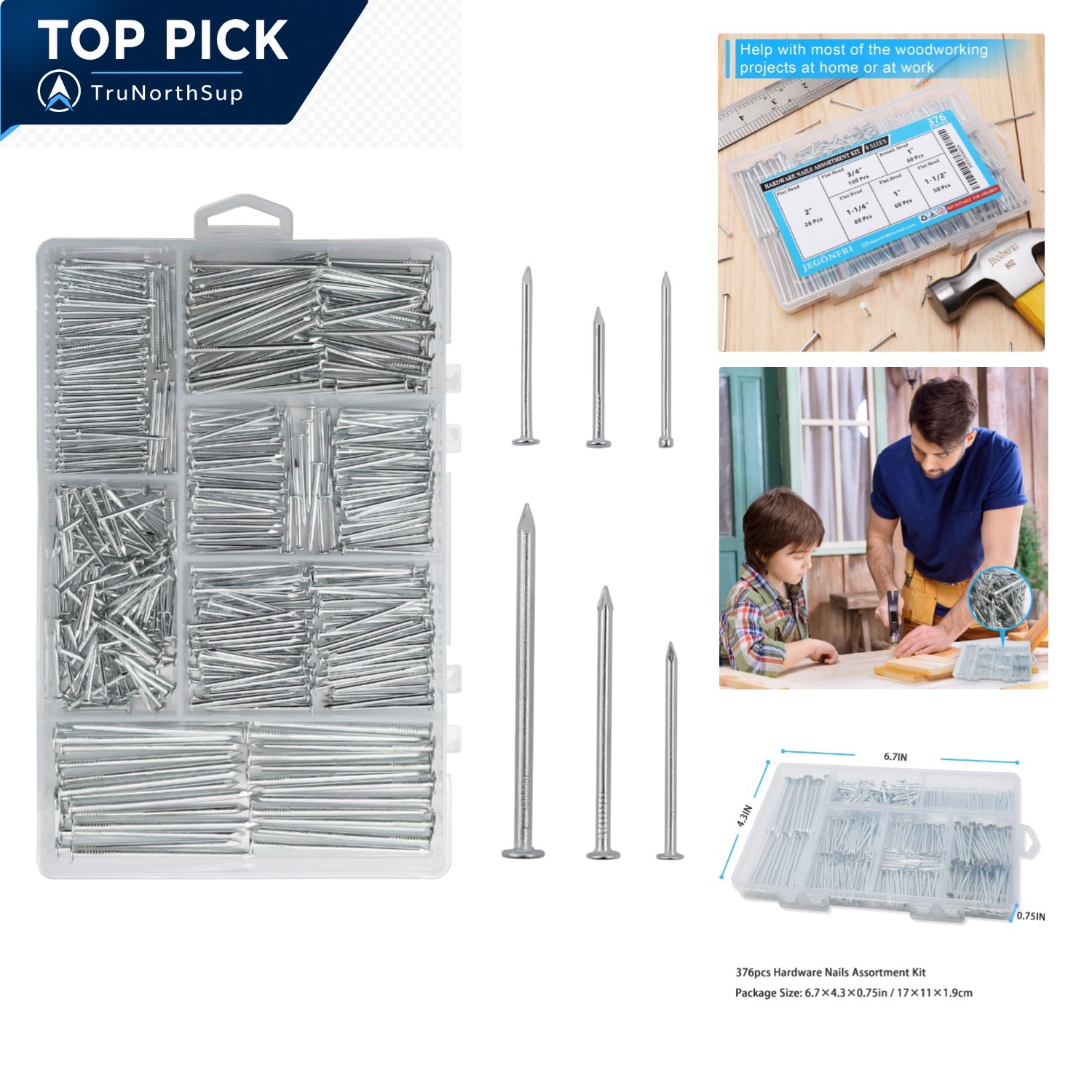 376pcs Hardware Nails Assortment Kit 6 Sizes Galvanized for Wood Wall Picture…