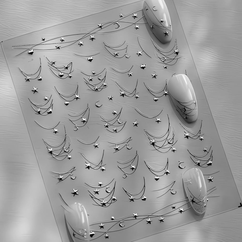 1 Sheet Star Nail Art Stickers 3D Self-Adhesive Silver Nail Decals Silver Star N