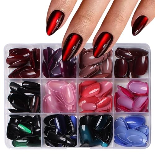 288Pcs Cat Eye Press on Nails Short Almond Fake Nails 12 Color Glitter Style 12