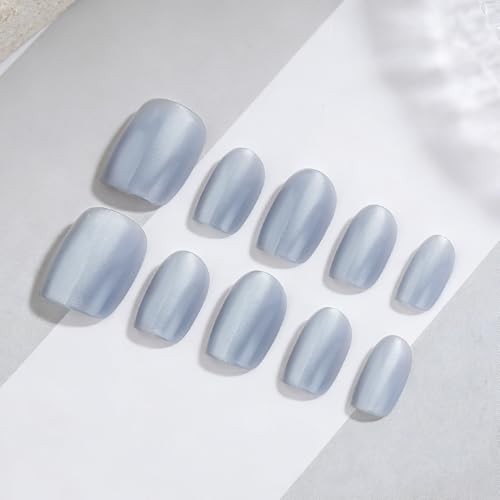 Cat Eye Press on Nails – Short Square Fake Nails – Blue Grey – Style 8